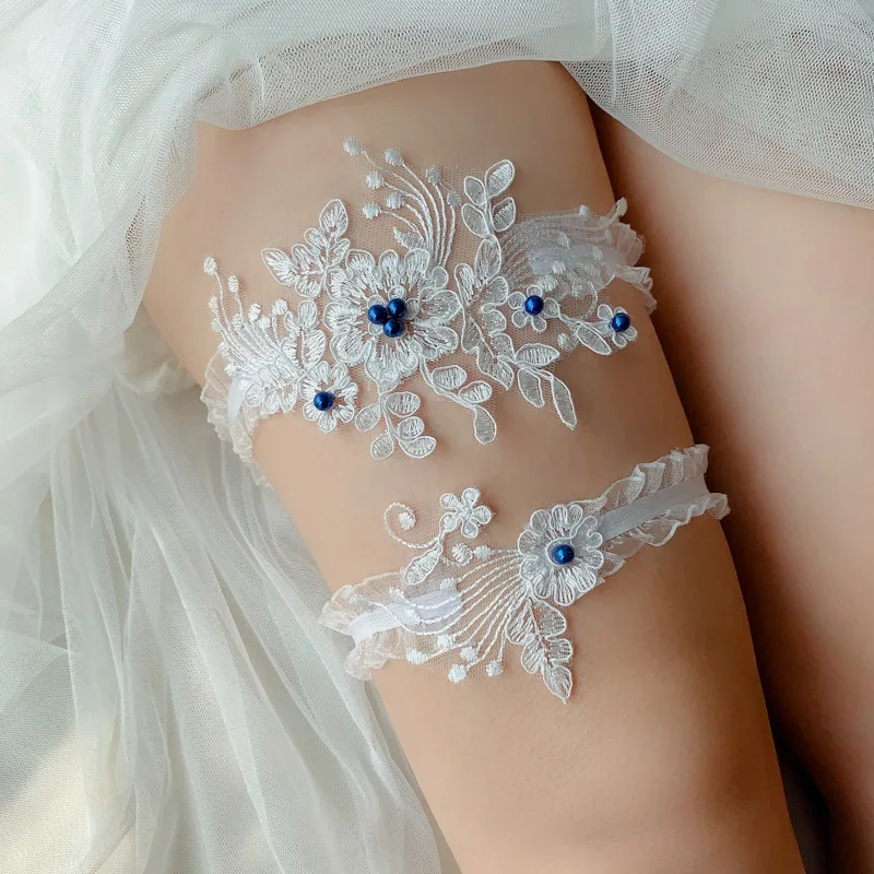 Jarretière de mariage brodée de perles pour femmes, jarretières sexy, bleu, blanc, perle, fleur, mariée, anneau de cuisse, patients, jambe