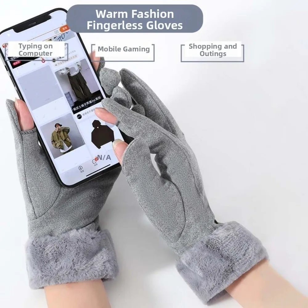 

Polar Fleece 2 Finger Flip Gloves Soft Faux Rabbit Fur Women Anti-cold Mittens Warmer Touch Screen Thickened Gloves Outdoor
