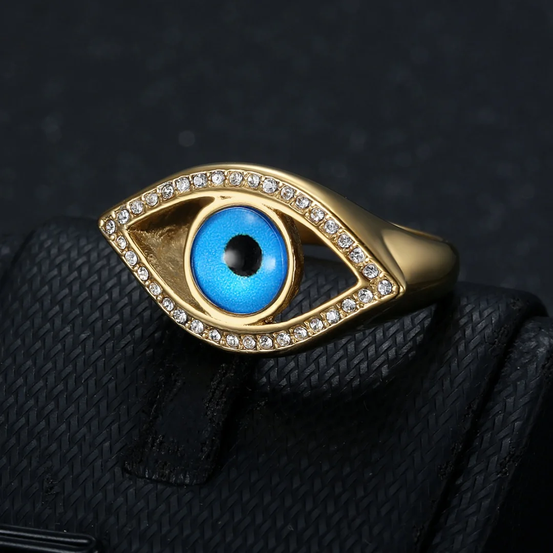 Women's Men's Blue Evil Eye Ring Gold Silver Color Stainless Steel Iced Out Crystal Zirconia Amulet Rings for Woman Man Jewelry