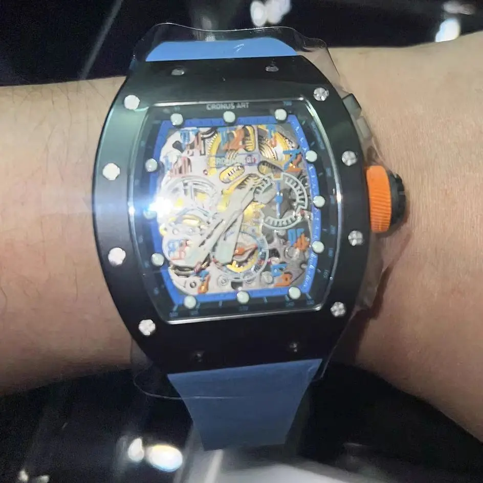 CRONUSART Men Chronograph Watch Tonneau Automatic Mechanical Wristwatch Sapphire Mirror Skeleton Waterproof Luminous FKM Strap