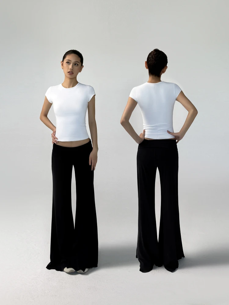 Women Fold Waist Cuff Flare Pants