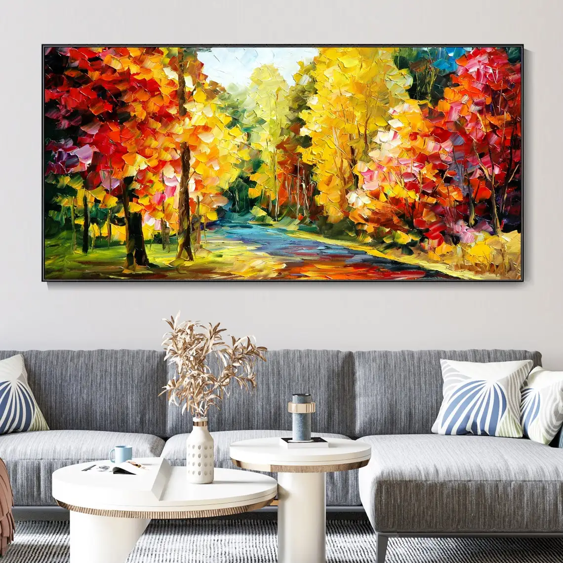 3D Fall Wall Decor Hand Painted Oil Painting Landscape Artwork Abstract Forest Palette Knife Painting Color Texture Wall Art