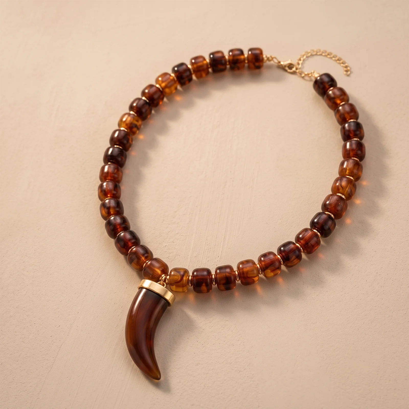 Amber Bead  Wolf's Tooth Pendant Choker Necklace Extender Chain, Vintage Daily Neckwear Casual Jewelry Gift For Women