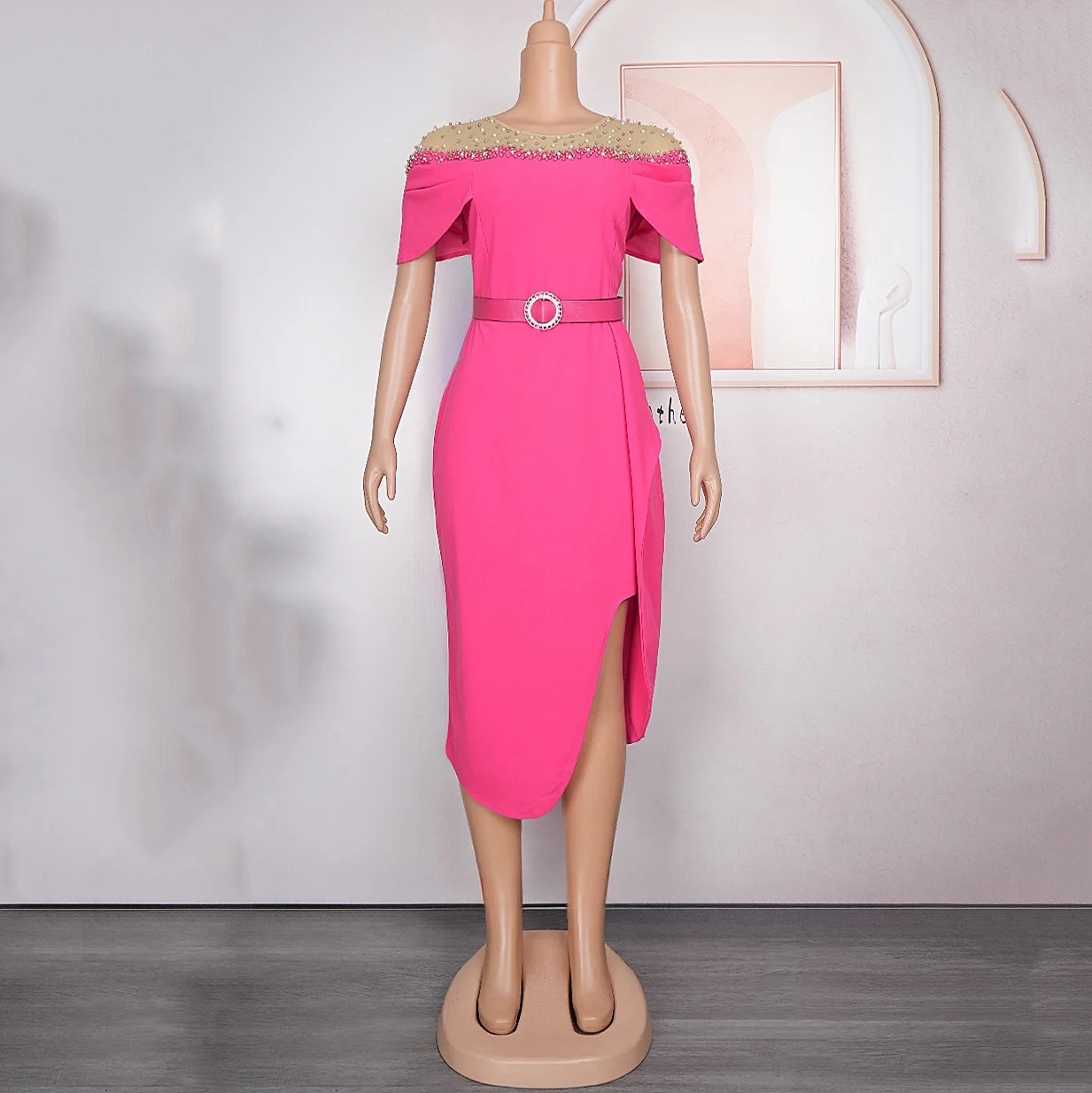 Elegant African Bodycon Dresses for Women O Neck Short Sleeve Beaded Side Split Business Work Dress Midi Female Cloth Customized