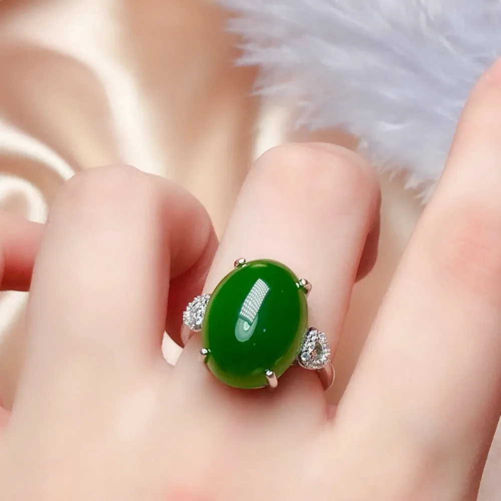 Women's 925 sterling silver jadeite green agate transparent green jadeite open ring - Vintage ring accessory