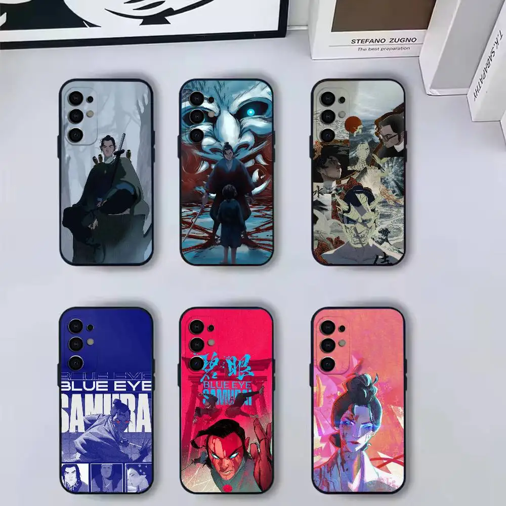 Capa de Telefone Animation b-Blue e-Eye para Samsung S 25,24,23,22,30,21,10,9,Ultra,Plus,Lite,FE,4,5 G, Capa Macia de TPU Preta