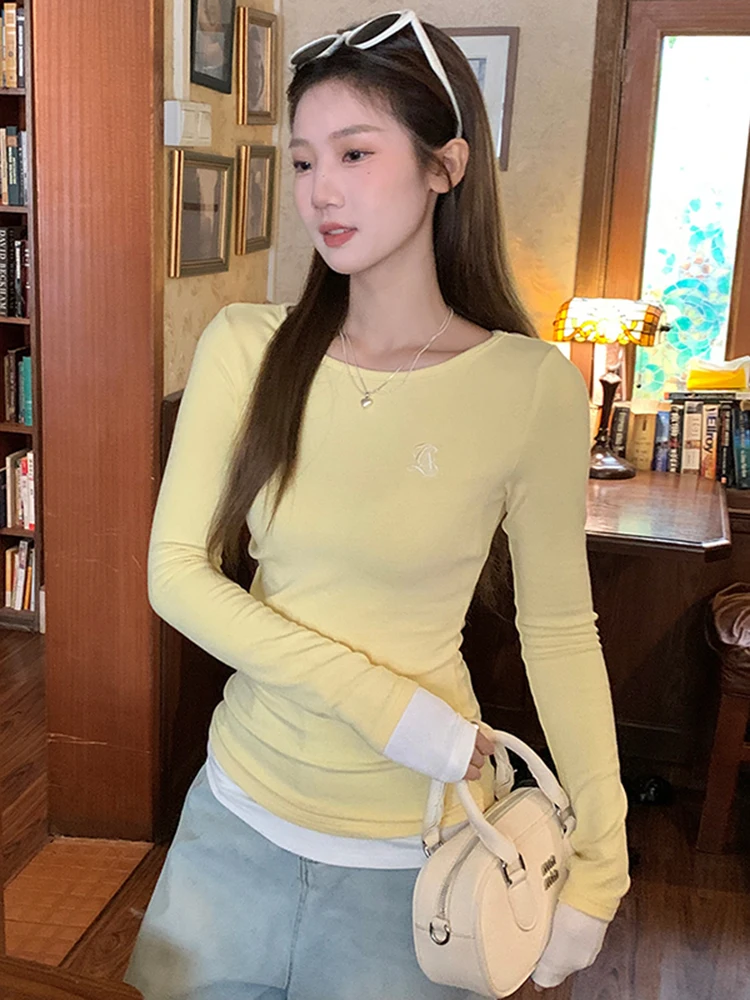 

Женская мягкая трикотажная футболка с длинным рукавом, желтая, приталенная, асимметричная, базовый слой, стандартный крой, Ciwalk