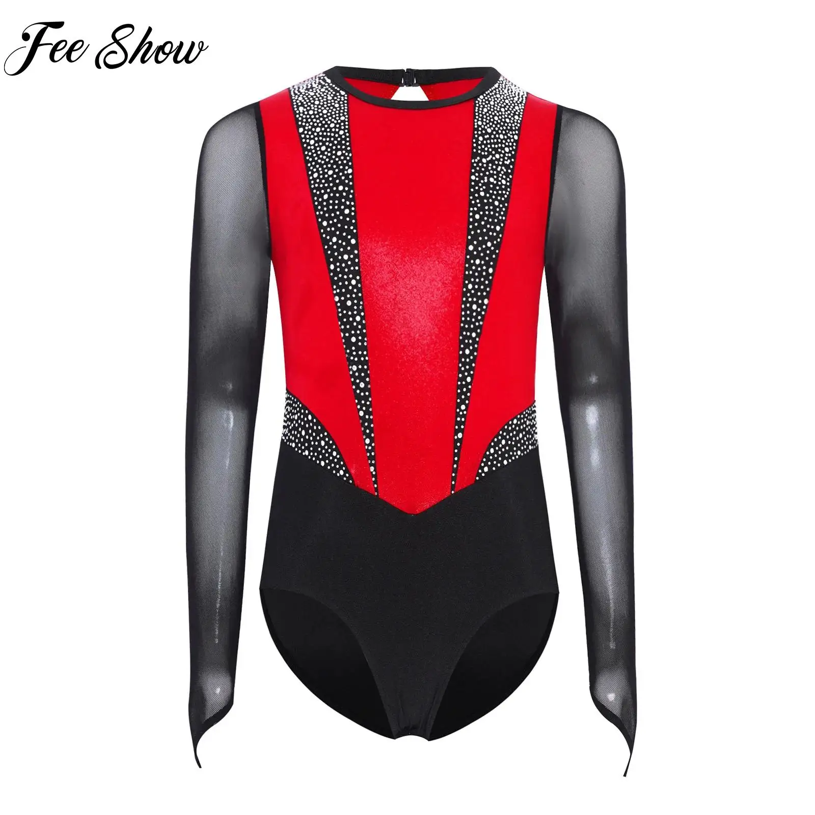 

New Kids Girl Shiny Rhinestones Color Block Gymnastics Leotard Sheer Mesh Long Sleeves Ballet Gymnastics Figure Skating Bodysuit