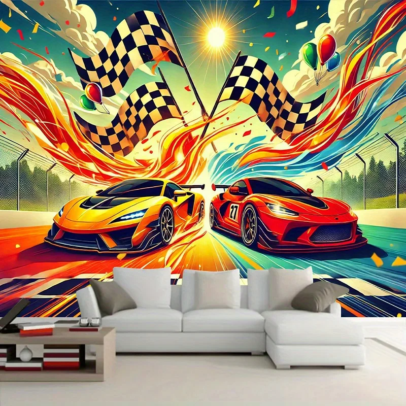 1pc Racing Cars Wall Tapestry 2D Vibrant Colors Sports Theme Decor Living Room Bedroom Checkered Flags Speed Action
