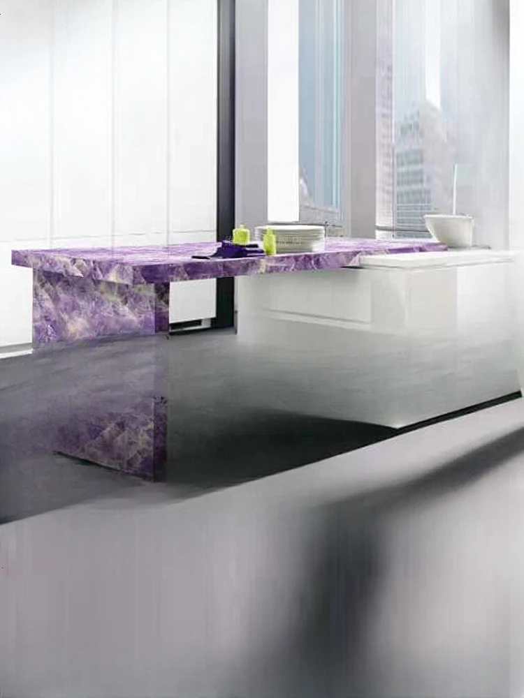 Island table integrated rock slab, amethyst, purple marble