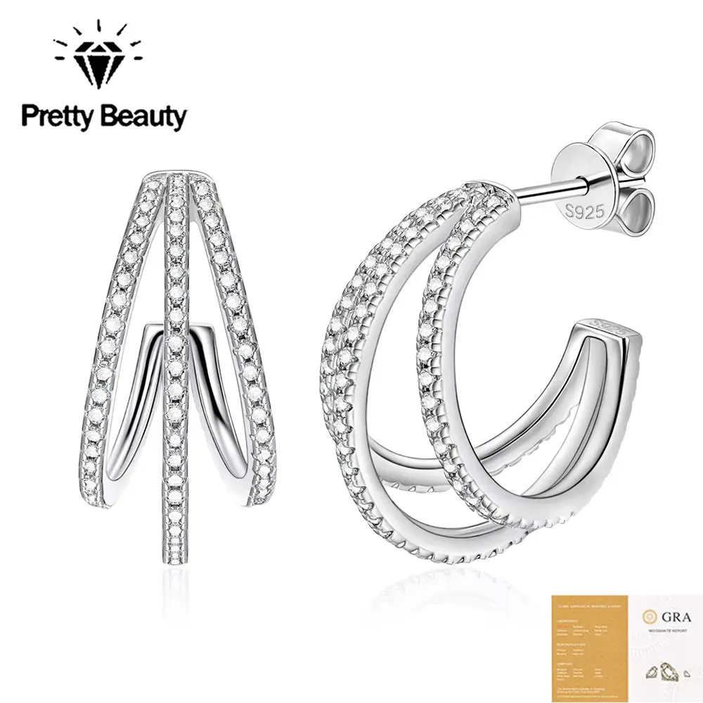 Pretty Beauty Moissanite 20mm Huggie Earrings for Women Men 925 Silver Triple Row Curved Arch Diamond Earrings Fine Jewelry Gift