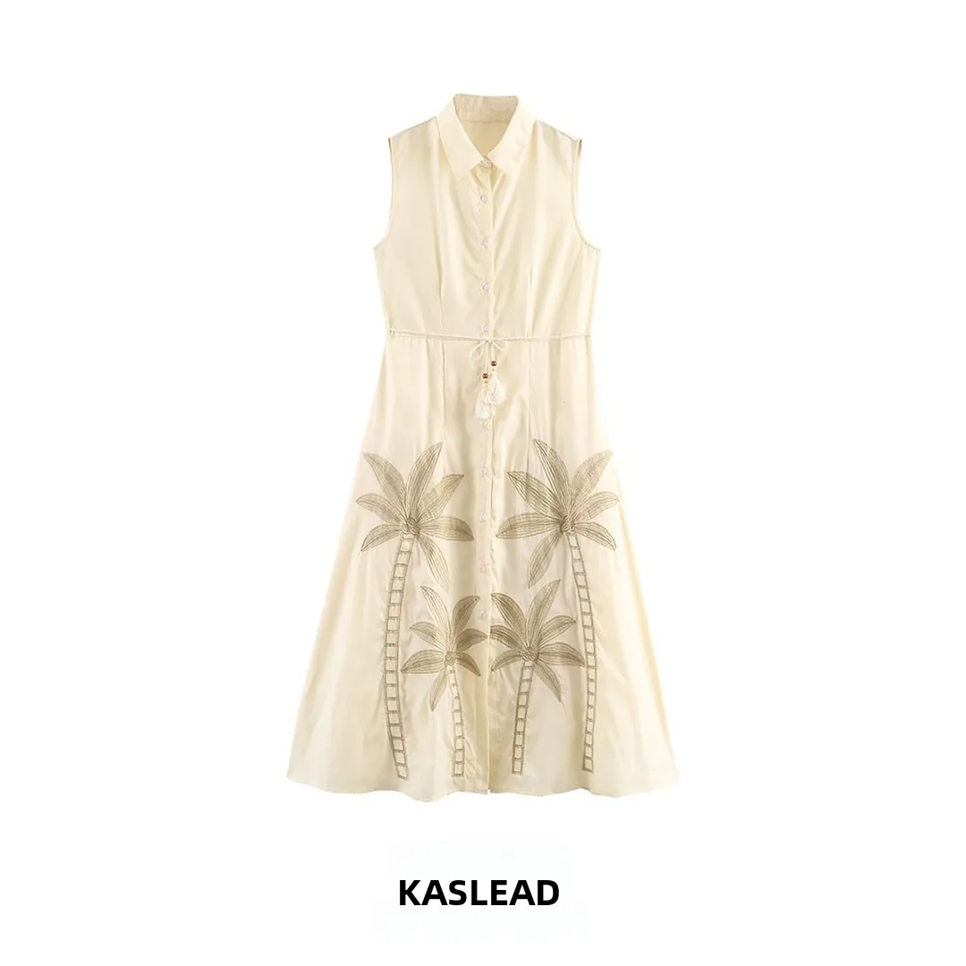 KASLEAD New Women's Fashion Simple Positioning Embroidery Sleeveless Shirt Style Dress City Commuting Fairy Skirt Polyester F...