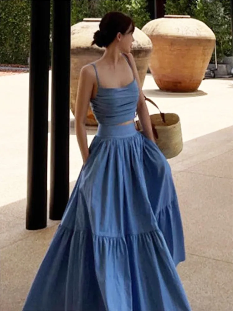 

Blue Elegant Boat-Neck Seaside Holiday Beach Dress Camisole Skirt Suit Two-Piece Set for Women