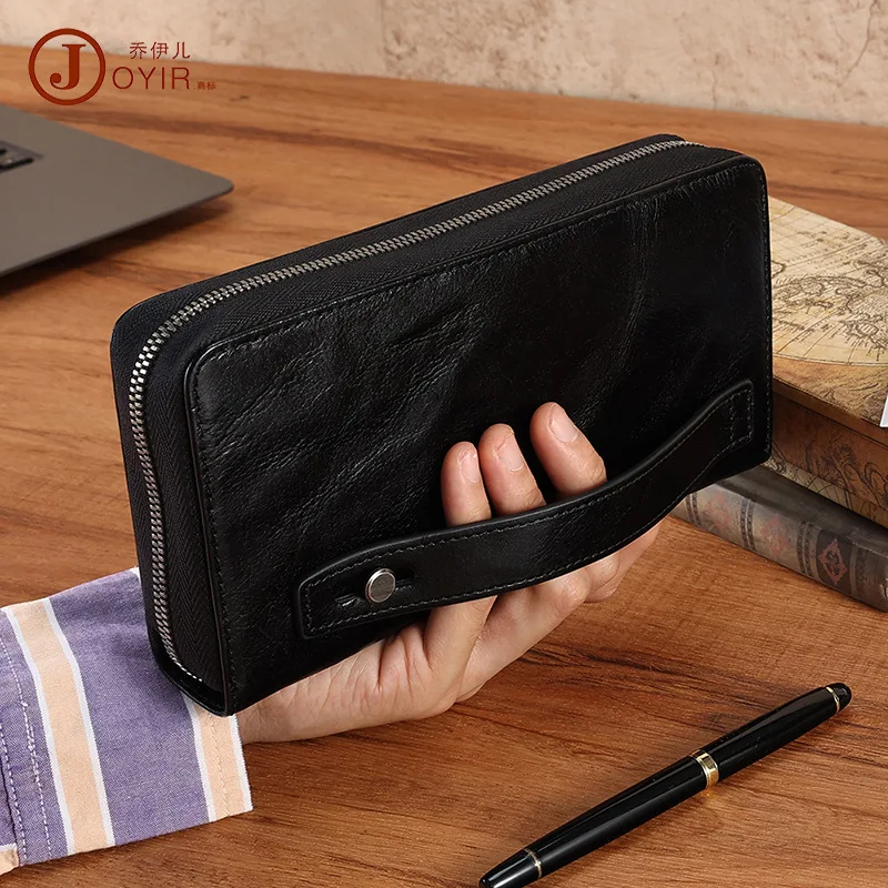 

Simple men's hand-held wallet, retro long wallet, mobile phone storage, multi-functional real leather business hand-held bag