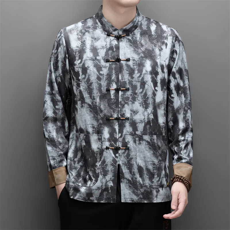 Tang Costume Long Sleeve Shirts For Men Print Stand Collar Silky Autumn Quality Softness Frog Button Easy-Care Camisas De Hombre