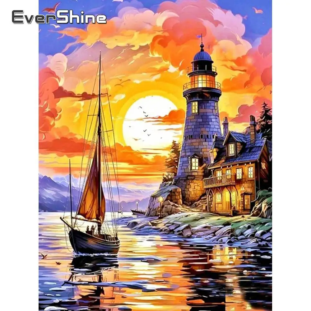 Evershine Diamant Malerei Leuchtturm Landschaft Neue Ankunft Sonnenuntergang Diamant Mosaik Schiff Handwerk Kit Meer Dekor Für Zuhause