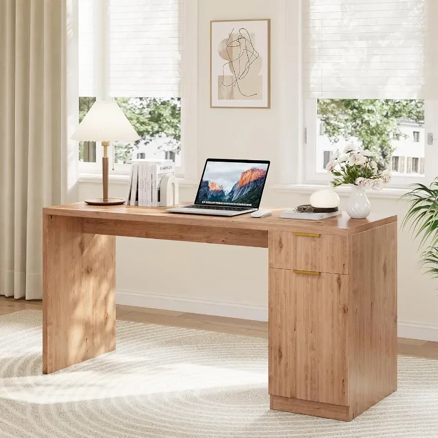 Executive Desk with Drawer and Power Outlet, 61 Large Farmhouse Computer Desk Home Office Wood Executive Desk with Adjustable S