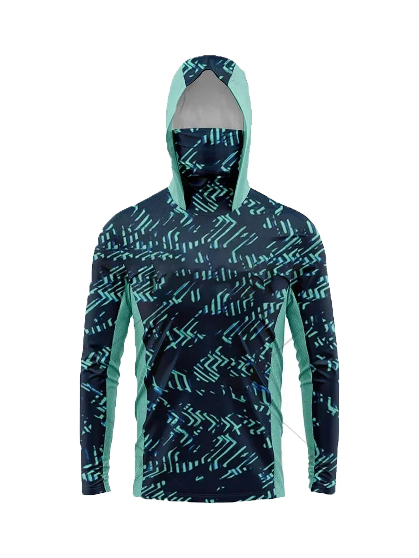 Men Quick Dry Anti‑UV Fishing Hunting Hoodie With Mask Geometric Print UPF50+ Sun Protection Boating Hiking Shirts