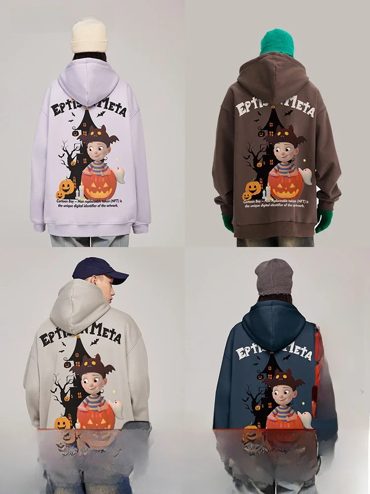 

loween Limited Pumpkin Boy Pattern Fce Lined Loose Hoodie Trendy Top for Youth Polyester Cotton Blend Winter Wear