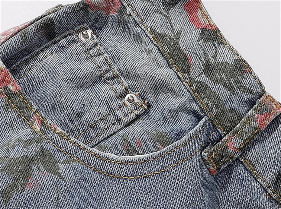 Jeans Gambar Bunga Penuh Celana Jeans Y2k Punk Pakaian Jalanan Pria Celana Denim Lebar Longgar Lubang Robek Antik Harajuku Pria