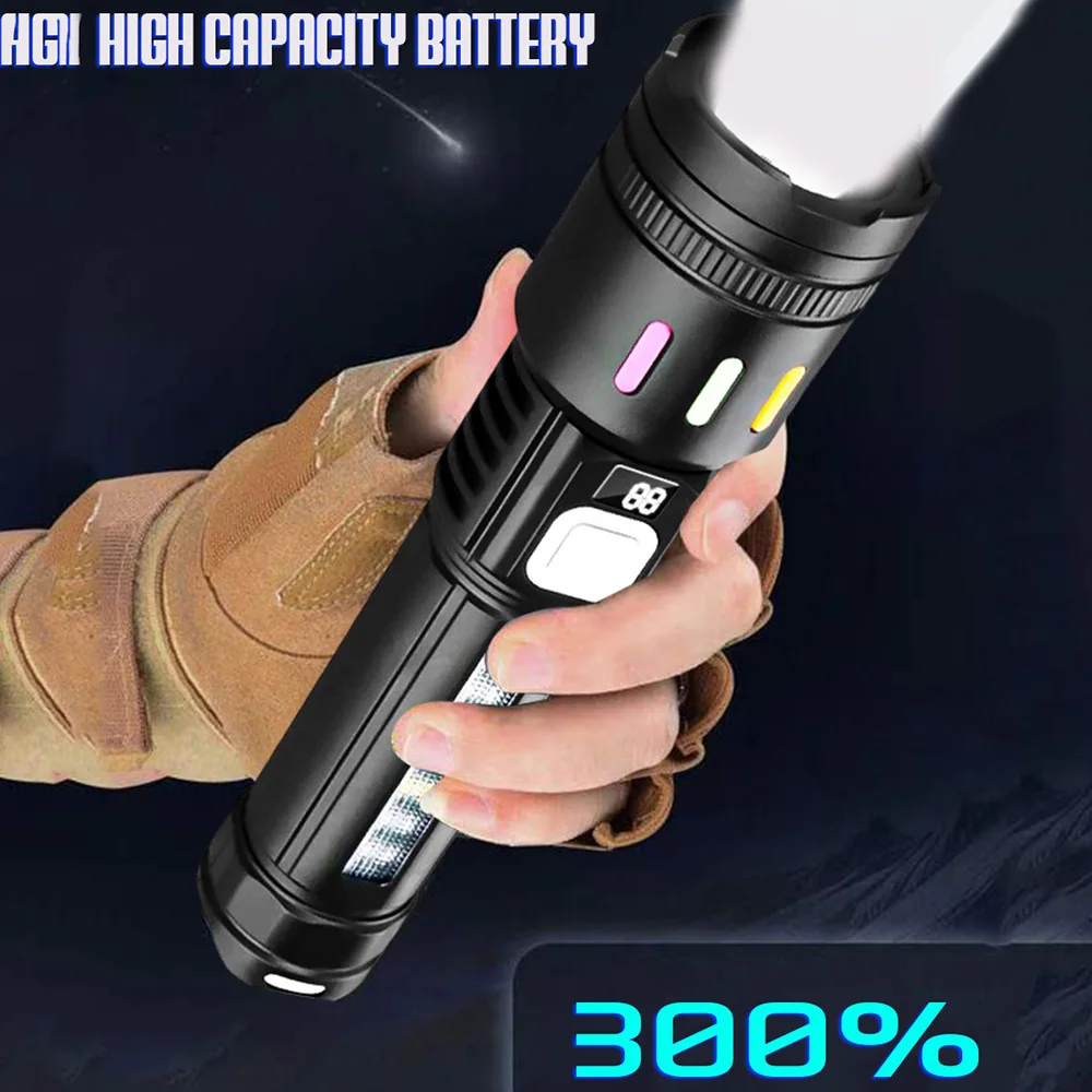 

Мощный фонарь дальнего действия, супер яркий светодиодный фонарик, USB перезаряжаемый тактический фонарь с боковой лампой, водонепроницаемый уличный фонарь