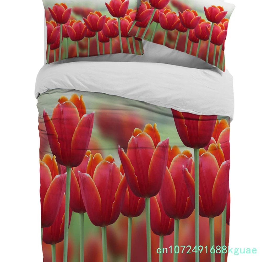 Flowers Red Bouquet Tulips Duvet Cover Bed Bedding Set Home Textile Quilt Cover Pillowcases Bedroom Double Bedding Set No Sheet