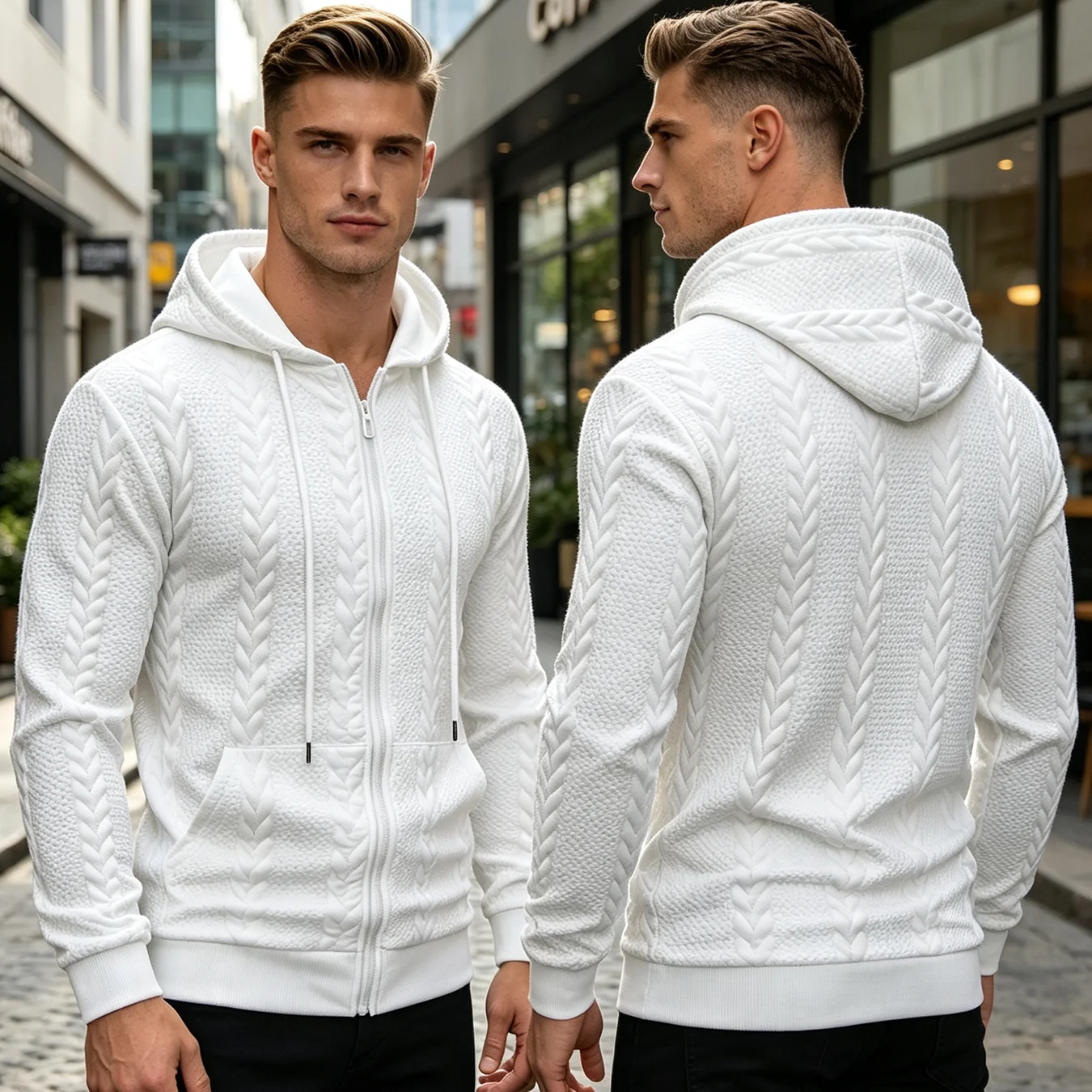 Kangaroo Pocket Casual Men Hooded Sweatshirt Full Zip Cable Knit Texture Drawstring Hood For Daily Working Outfit
