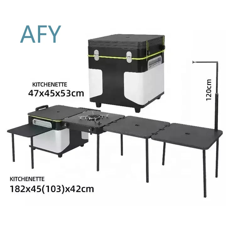 Portable Camping Kitchen Table Outdoor Mobile Kitchen Station for RV Van Car Camping with Cookware Storage Organizer Foldable