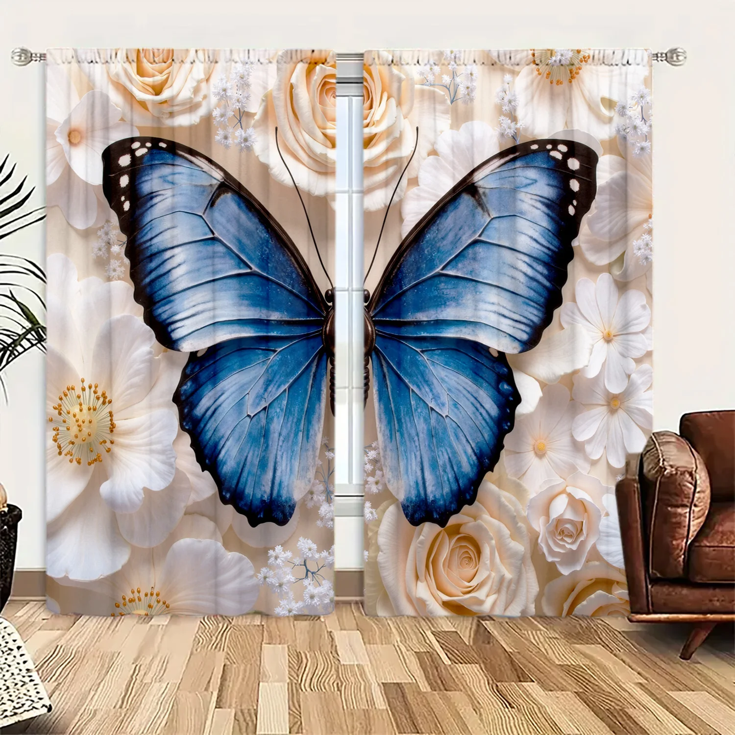Soft Cream Floral Butterfly Curtain 2 Panels Giant Blue Moth White Bloom Inn Room Gentle Peaceful Bedroom Home Decor