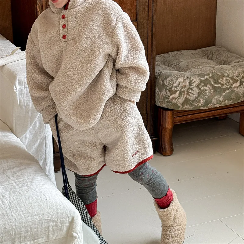 2024 Winter New Children Warm Lamb Wool Clothes Set Baby Fleece Sweatshirt + Shorts 2pcs Suit Long Sleeve Toddler Girl Outfits