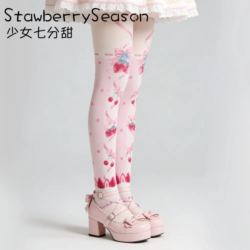Original StawberrySeason Strawberry Cake Velvet Print Lolita Pantyhose