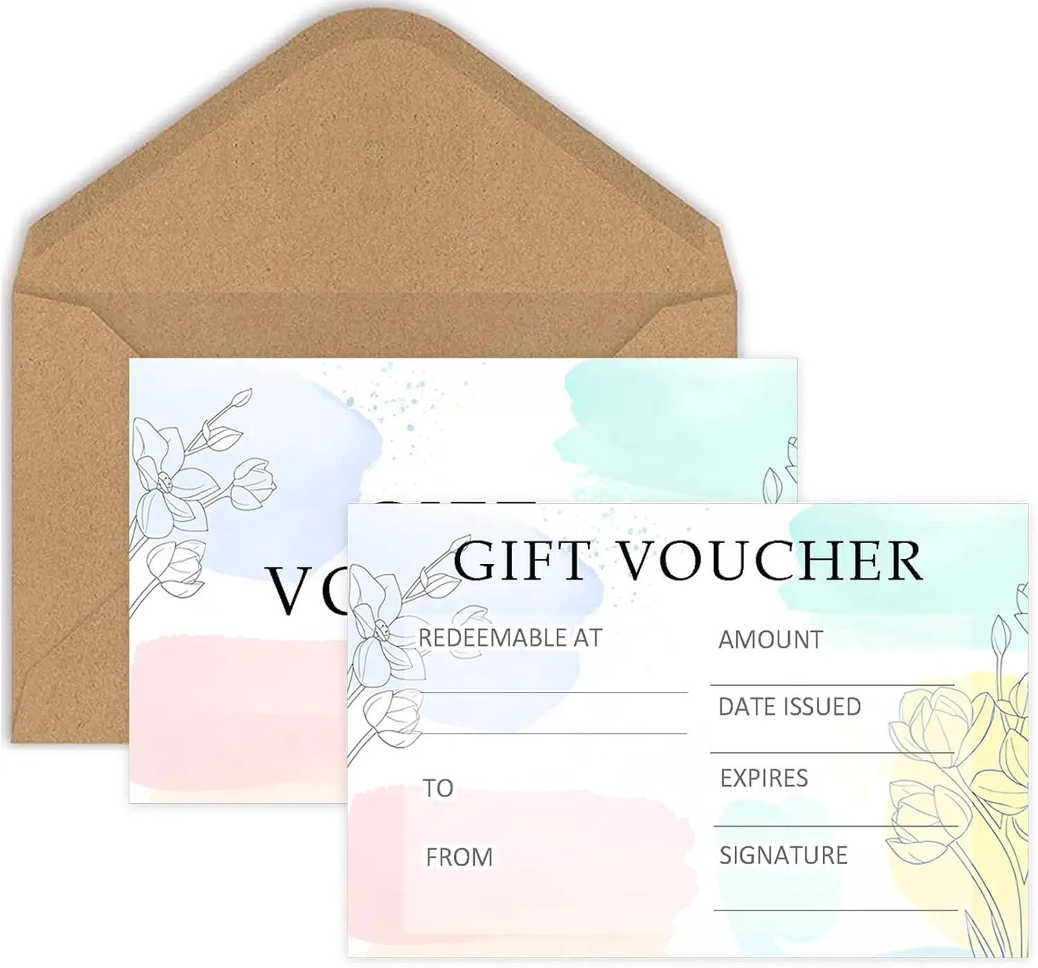 

20 шт. пустые подарочные конверты с конвертами 152x101,6 мм, двухсторонние акварельные цветочные сертификаты для спа, ресторанов,