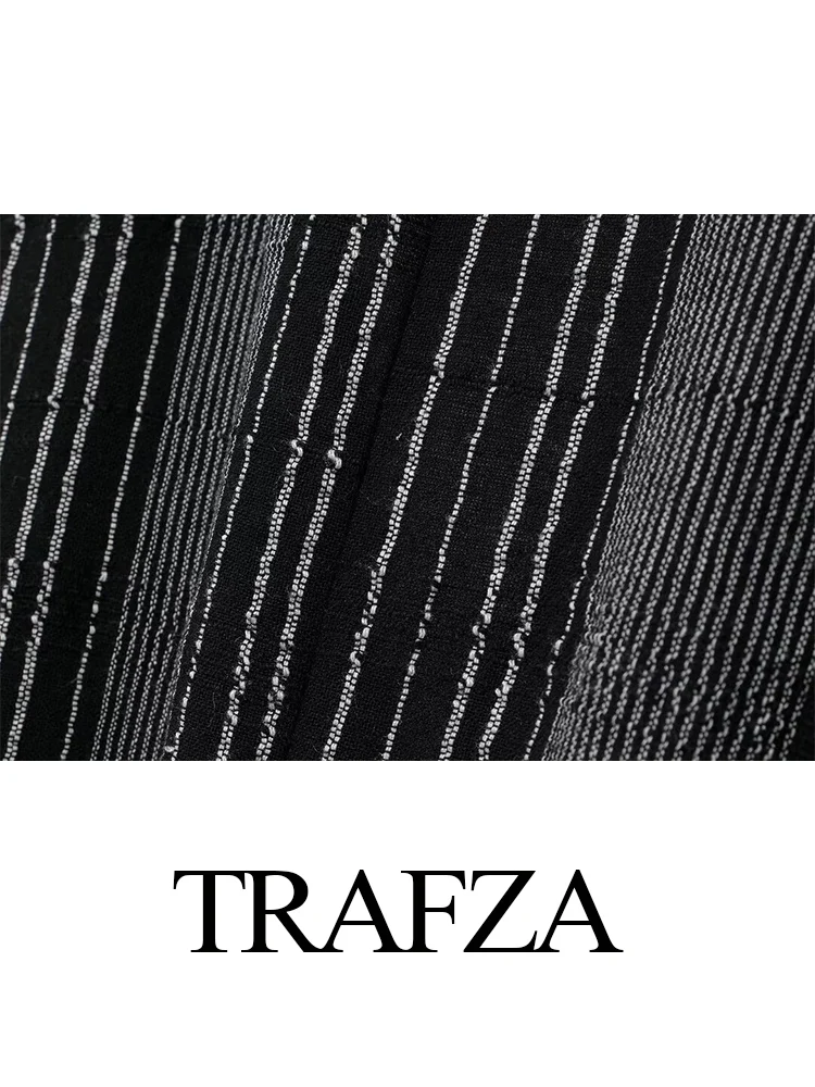 TRAFZA Women\'s Fashion Striped Embroidered 2-Piece Set Mid-Length V-Neck Shirt Jacket+Black Striped Straight Ankle Length  Skirt