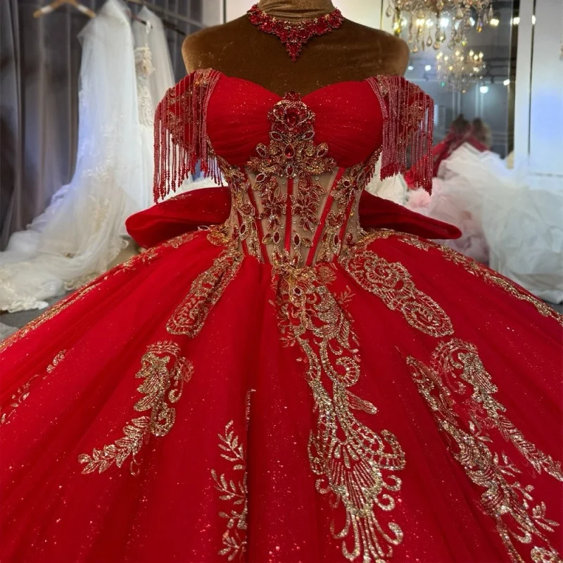 

Shiny Red Quinceanera Dresses Off the Shoulder Golden Glitter Beading Decal Bow Long tail Vestidoe 15 Quinceanera Customize