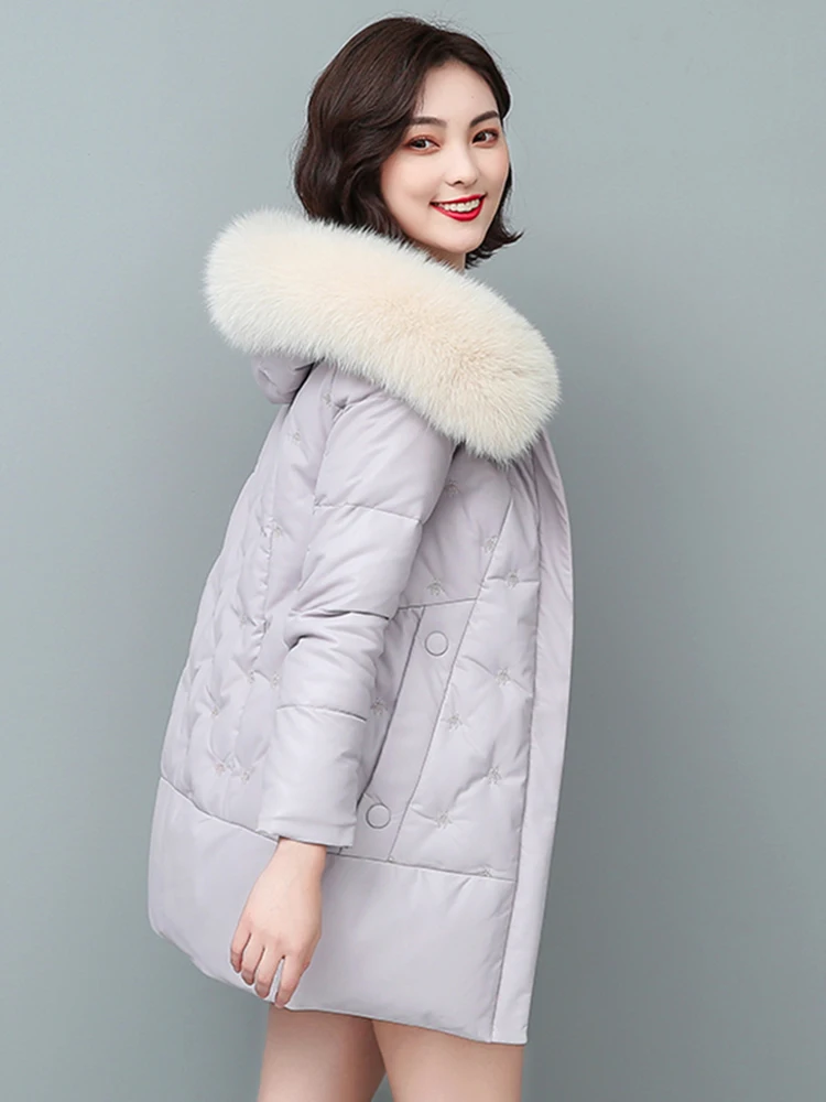   Abrigo de Piel Sintética de Longitud Media para Mujer, Marca Ning, de Cuero Genuino, Nuevo Modelo de Invierno 2025, Estilo Coreano, Holgado