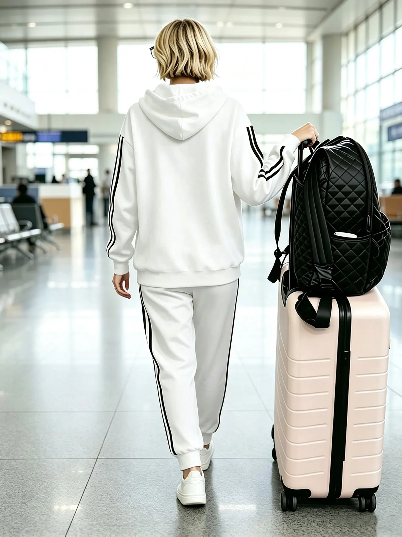 Airport Style Hooded Sports Suit for Women, Two-Piece Set with Side Color-Block Stripes, Hooded Sweatshirt and Jogger Pants, Drawstring Hood, Loose Fit, Casual and Comfortable Versatile Women's Clothing for Travel