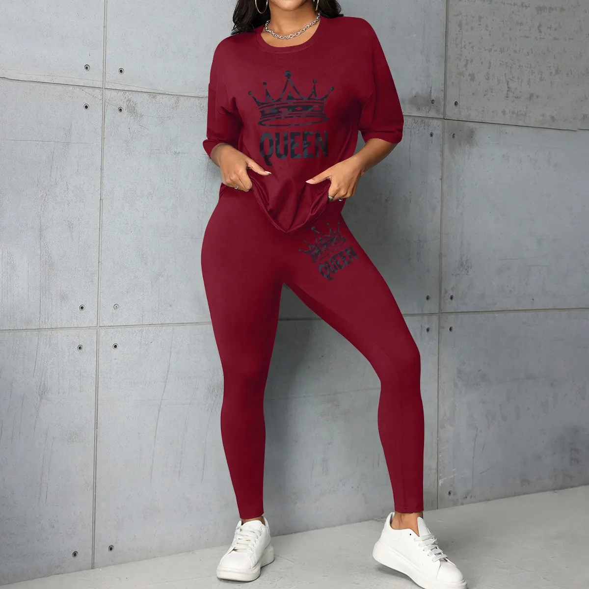 Women\'s summer fashion versatile crown letter printed short-sleeved T-shirt leggings casual loose light and breathable suit 2024