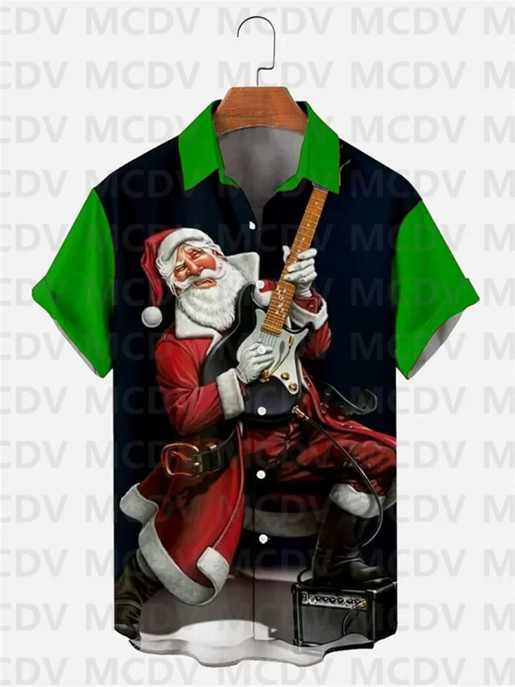 Kerst Kerstman Gitaar Print Korte Mouw Contrast Kleur Casual Heren Shirt