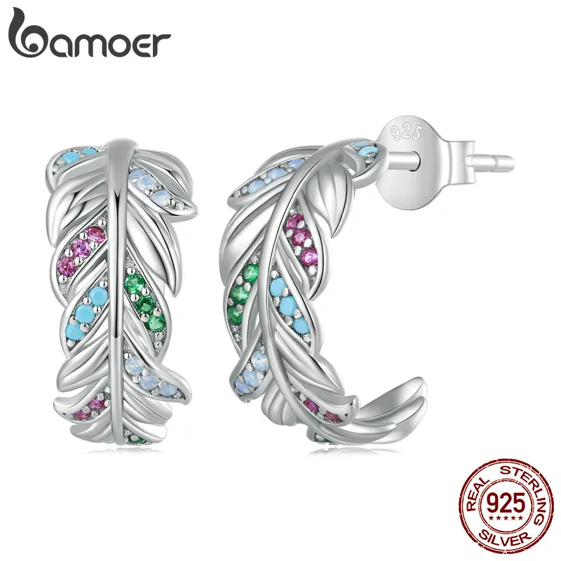 Bamoer Authentic 925 Sterling Silver Colorful Feather Stud Earrings Pave Setting CZ Platinum Plated Fine Jewelry for Women