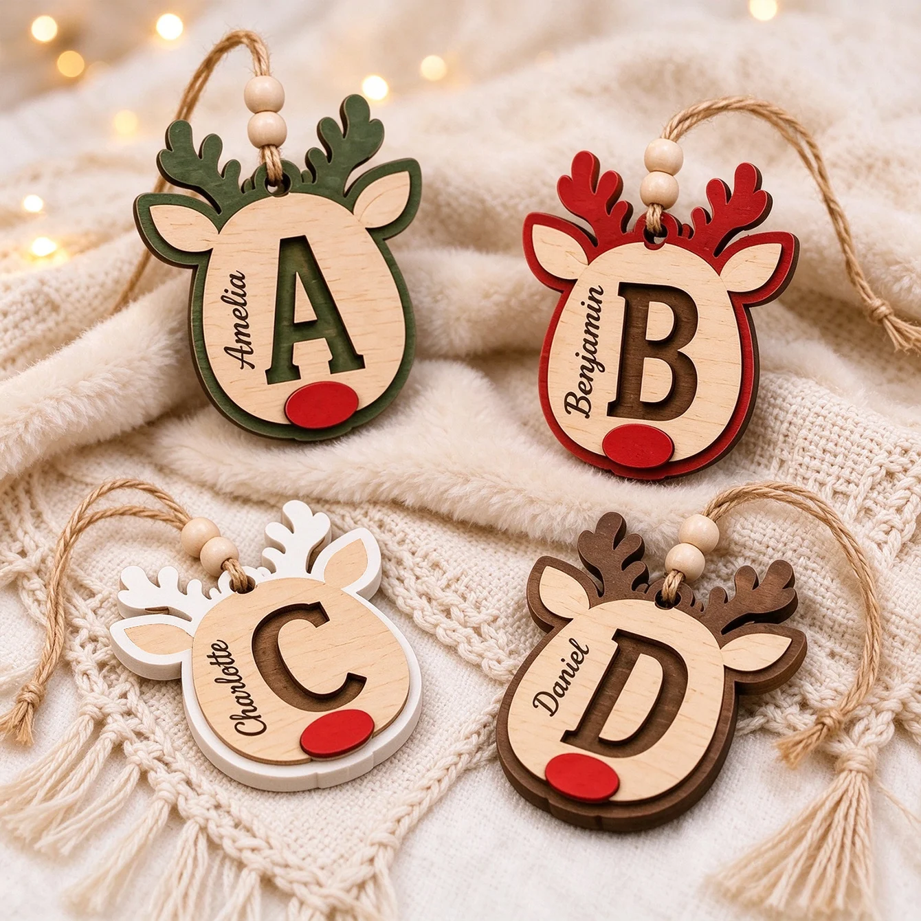 Personalized Reindeer Ornaments, Christmas Wooden Decorations, Customizable Name Tags, Initial Name Tags, Letter Tags, Laser-Cut, Christmas Decorations, Custom Name Christmas Ornaments: Laser-Cut Wooden Snowflake Ornam