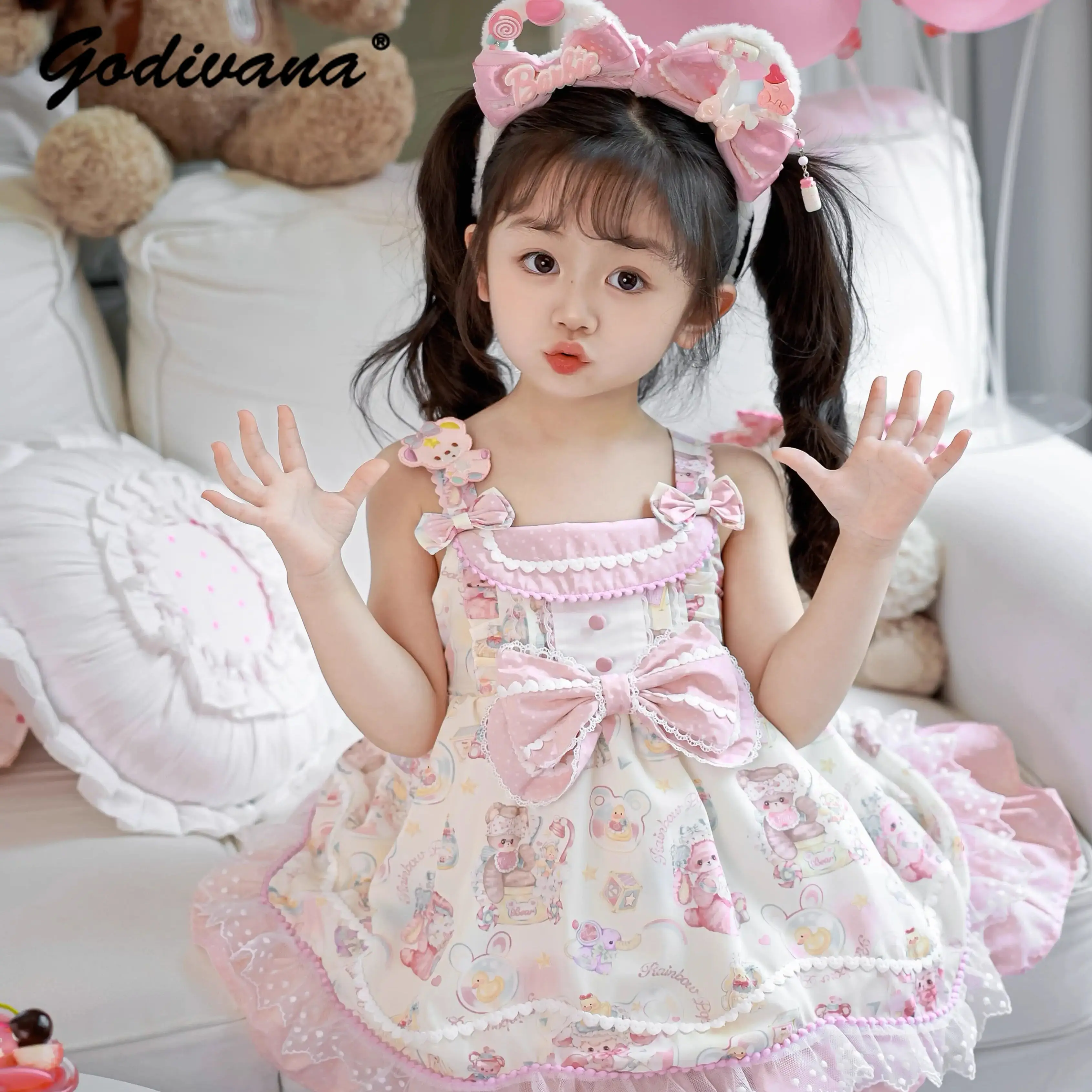 

Новое весенне-летнее платье для девочек в стиле Лолита: кружевное, с принтом мультяшного медведя, бантом и эффектом слип-платья, модель 2026 года, для дня рождения