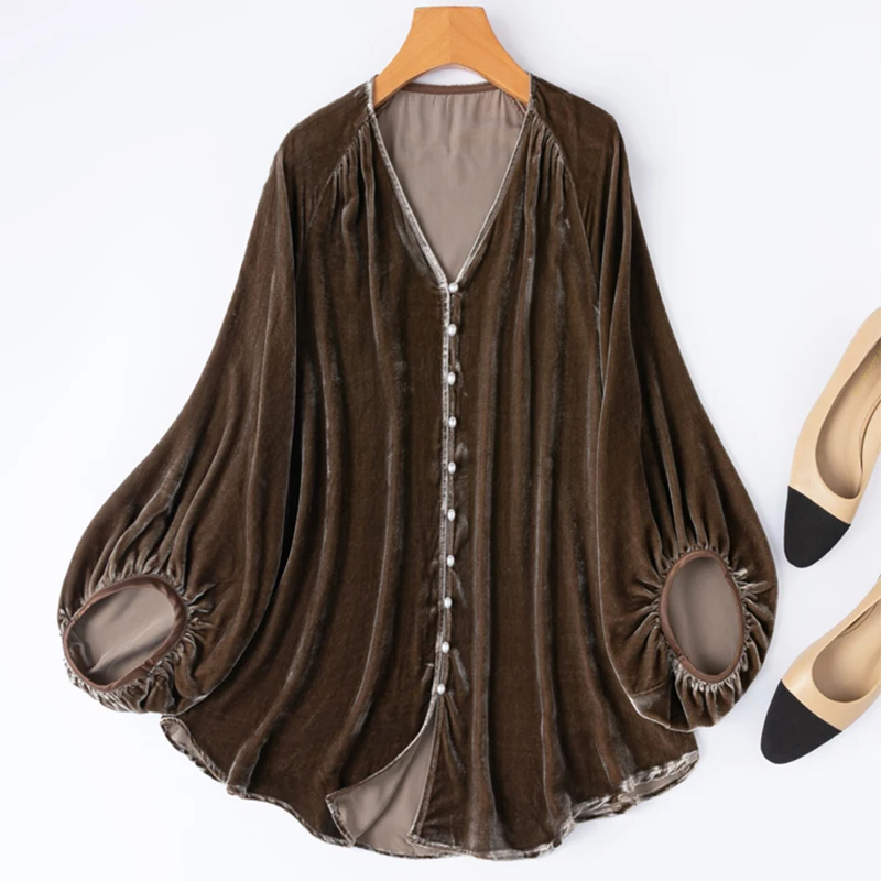 

Women Velvet Silk Cardigan 100% Mulberry Silk Lining Long Sleeve Coat Coffee Cardigan Top Blouse 2026 Spring Autumn M1478