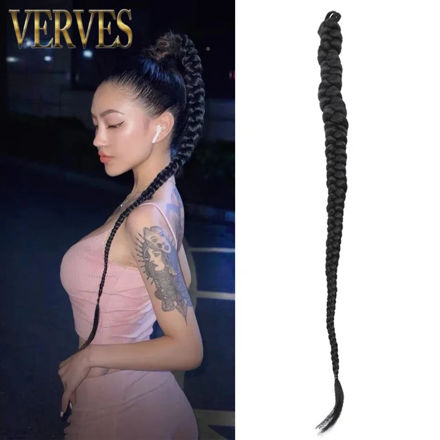 VERVES Synthetic Braided Ponytail Extensions Long Black Brown 28 inch Hairpiece Pony Tail With Rubber Band Hair For Women Pink