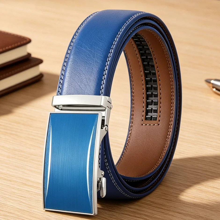 High Quality Blue Men Belt 2026 Men's Automatic Buckle Cowhide Leather Brand Formal Dress Belt Luxury Designer Mens Belts B538