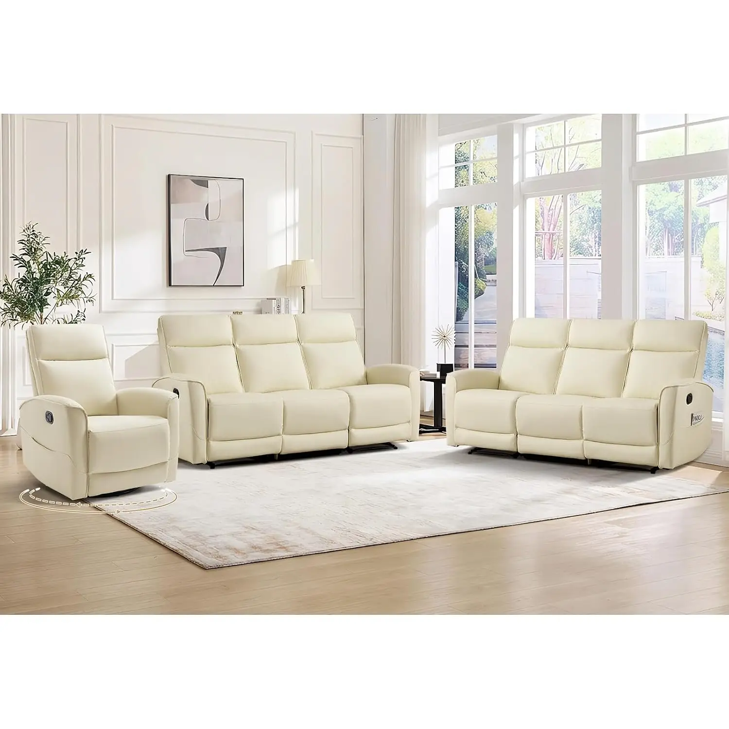 3-Piece Faux Leather Manual Reclining Sofa Set with 360° Swivel Rocker, Side Pockets & 3-Seater Loveseat, Customized