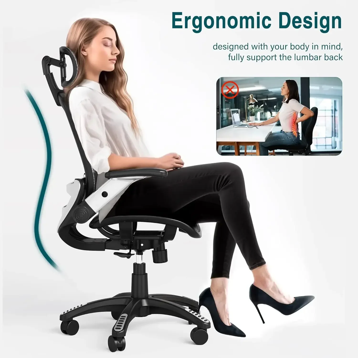 GABRYLLY Ergonomic Mesh Office Chair, High Back Desk Chair - Adjustable Headrest with Flip-Up Arms, Tilt Function, Lumbar Suppor