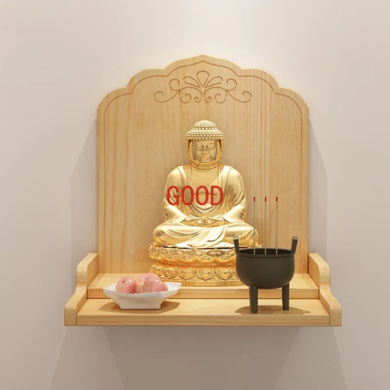Wooden Wall Shelf Shrine Buddha Rack Pine Buddhist Altar Sculpture Collection Display Wood Carving Crafts Home Decor Accessories