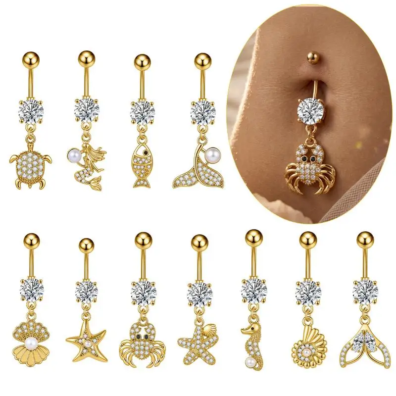 Hypoallergenic Ocean Series Zircon Pearl Navel Ring 1Pcs Micro-Set Navel Stud Piercing Jewelry for Beach Trip Party Gift