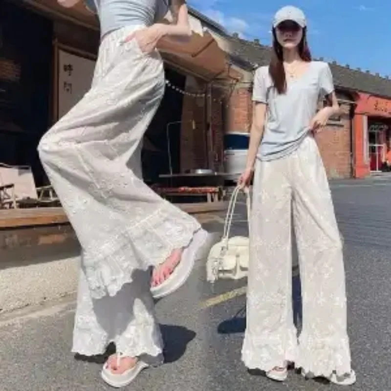 White Pants Women Floral Lace Embroidery Trousers Fashion Wide Leg Pants Summer 2026 New Elastic Waist Ruffled Trousers Q490