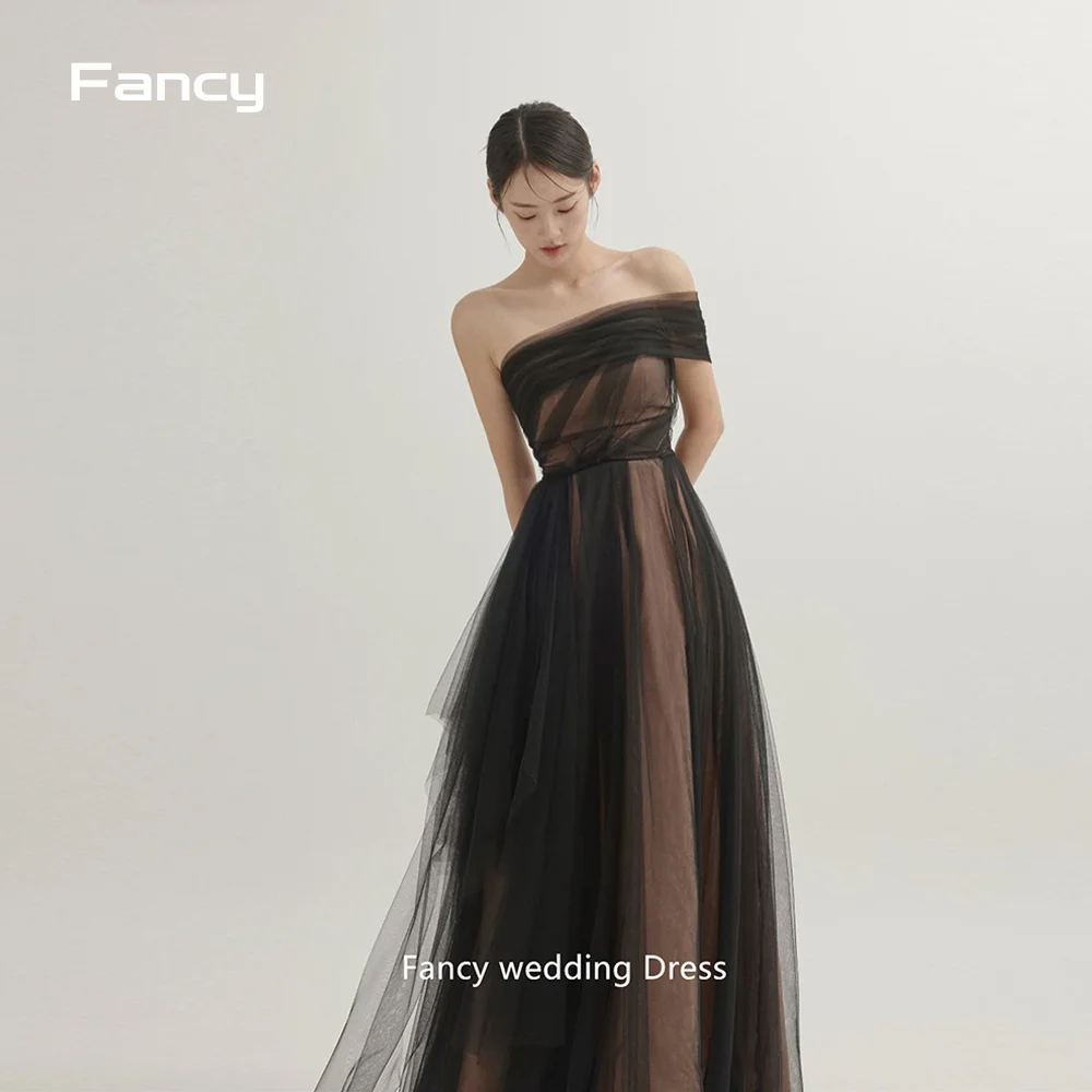 

Fancy One Shoulder Fairy Black Evening Dresses Wedding Photo shoot Tulle Korea Party Formal Prom Gowns Corset Back Floor Length